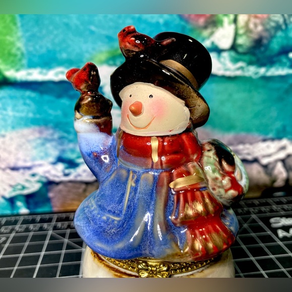 LARGE Vintage Snowman Limoges Style Hinged Trinket Box - Picture 2 of 11